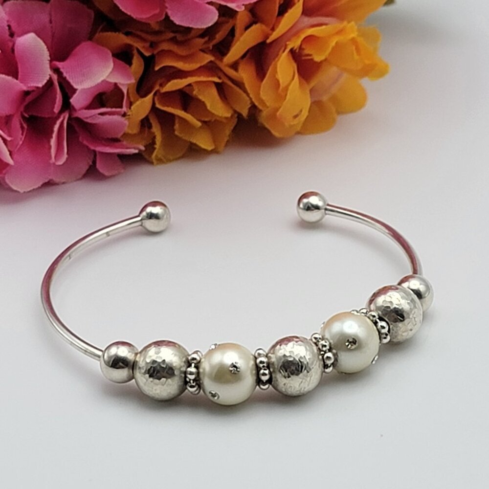 925 Sterling Silver Adjustable Wire Cuff Bracelet – 7 Sliding CZ Ball Beads 6.5"